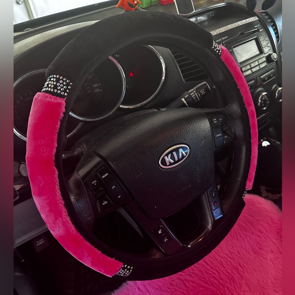 Hot Pink and Black Plush Soft Warm Stretch Steering Wheel Cover with Rhinestones